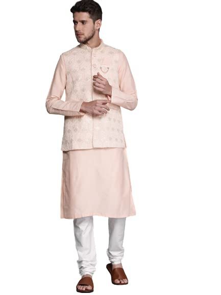 Manyavar Kurta Jacket Set for Men, Full Sleeves Mandarin Collar Ethnic Wear Jacket Set for Festival, Wedding, Party Blended Viscose (Pink)