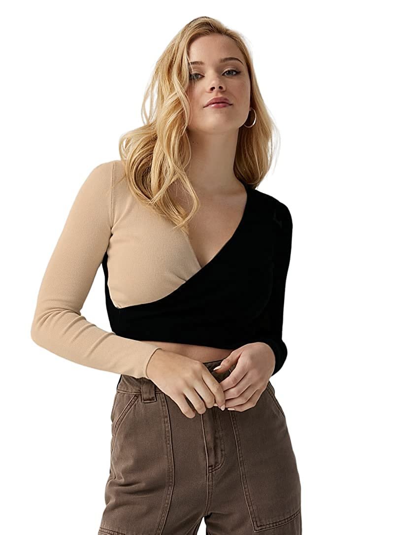 SIGHTBOMB Color Block Two Tone WRAP Around Stitched Cardigan Full Sleeves Ribbed Tops for Women