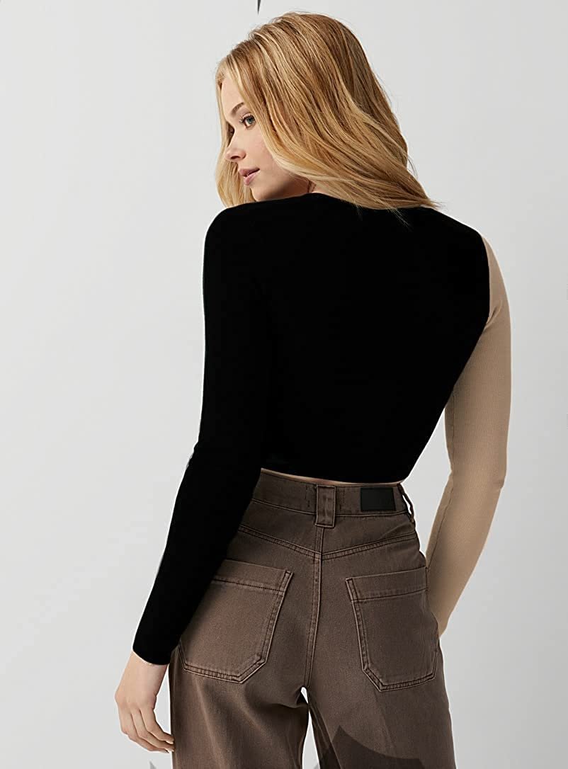 SIGHTBOMB Color Block Two Tone WRAP Around Stitched Cardigan Full Sleeves Ribbed Tops for Women - Image 2