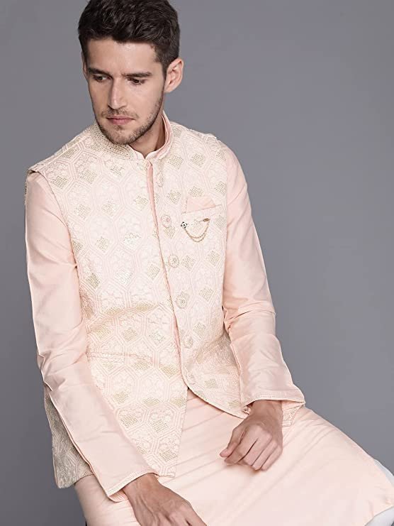 Manyavar Kurta Jacket Set for Men, Full Sleeves Mandarin Collar Ethnic Wear Jacket Set for Festival, Wedding, Party Blended Viscose (Pink) - Image 2