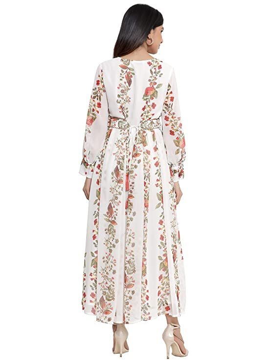 Juniper Offwhite Chiffon Printed Flared Dress with Waist Tie-up - Image 3