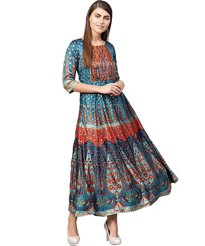 Juniper Women's Dull Satin Printed Anarkali Dress